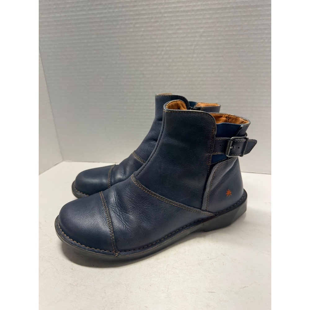 Art Company Navy Leather Ankle Boots Made in Spain Size 39 8.5 Buckle Zip 917